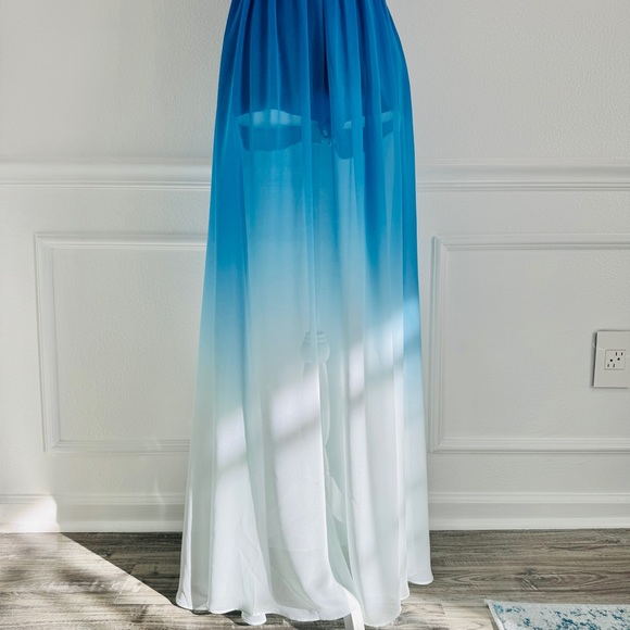 BeBe Blue Ombre Maxi Dress / Romper + Built In Shorts Maxi Sheer Deep V Neck - Picture 7 of 17